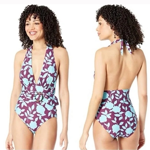 Kate Spade New York Geranium Grove Belted Plunge Halter One-Piece Size XS NWT - Picture 2 of 10